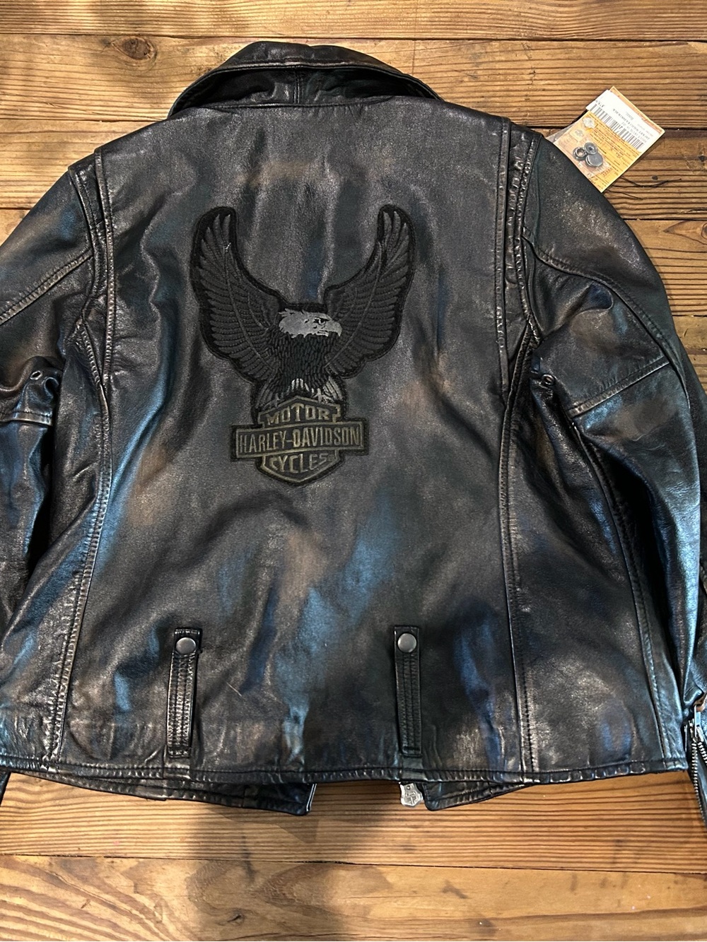 Harley-Davidson Black Leather Jacket with Embroidered Eagle Patch.